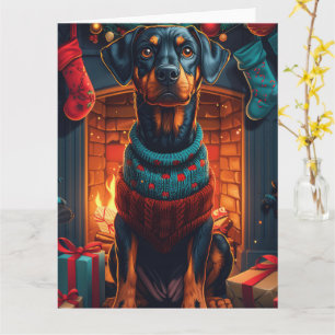 Doberman Hund mit Weihnachtsgeschenken Feuerplatz Karte