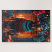 Doberman Hund mit Weihnachtsgeschenken Feuerplatz Puzzle (Horizontal)