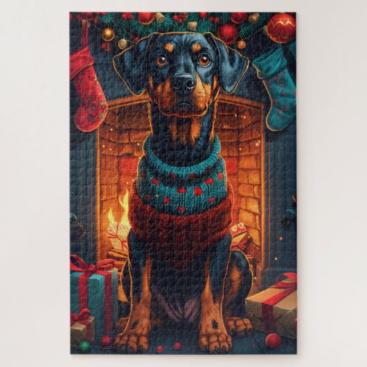 Doberman Hund mit Weihnachtsgeschenken Feuerplatz Puzzle (Vertikal)