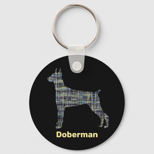 Doberman Hund Silhouette Gelb- und Schwarz-Gitter- Schlüsselanhänger (Vorderseite)