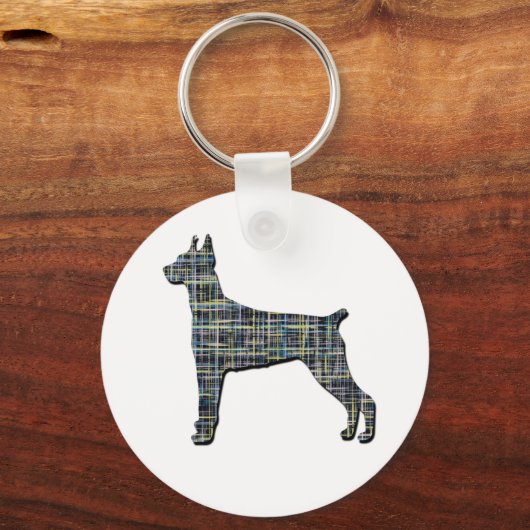 Doberman Hund Silhouette Gelb- und Schwarz-Gitter- Schlüsselanhänger (Rückseite)