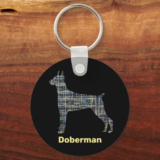 Doberman Hund Silhouette Gelb- und Schwarz-Gitter- Schlüsselanhänger (Vorderseite)