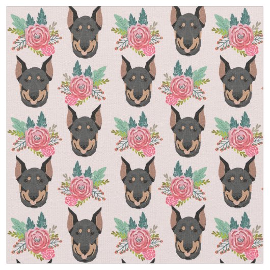Doberman Hunde rosa Blüten Stoff (Nahaufnahme)