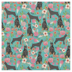 Doberman Hunde Vintagen Blumenarten Türkis Stoff