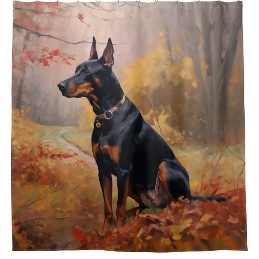 Doberman im Herbst Leaves Fall Inspiriert Duschvorhang (Vorderseite)