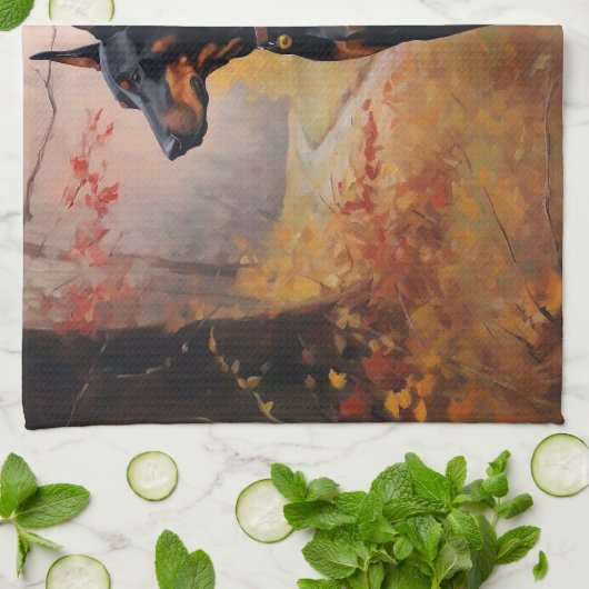 Doberman im Herbst Leaves Fall Inspiriert Geschirrtuch (Gefaltet)