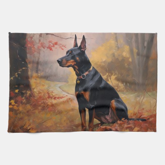 Doberman im Herbst Leaves Fall Inspiriert Geschirrtuch (Horizontal)
