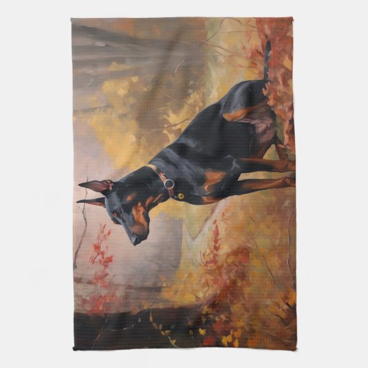Doberman im Herbst Leaves Fall Inspiriert Geschirrtuch (Vertikal)