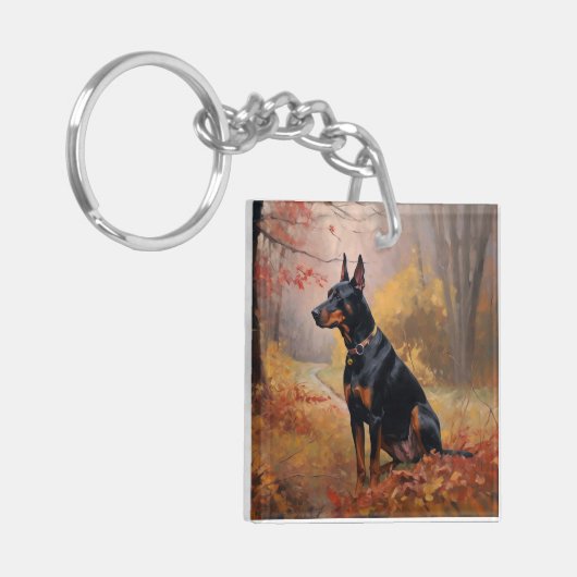 Doberman im Herbst Leaves Fall Inspiriert Schlüsselanhänger (Vorderseite links)