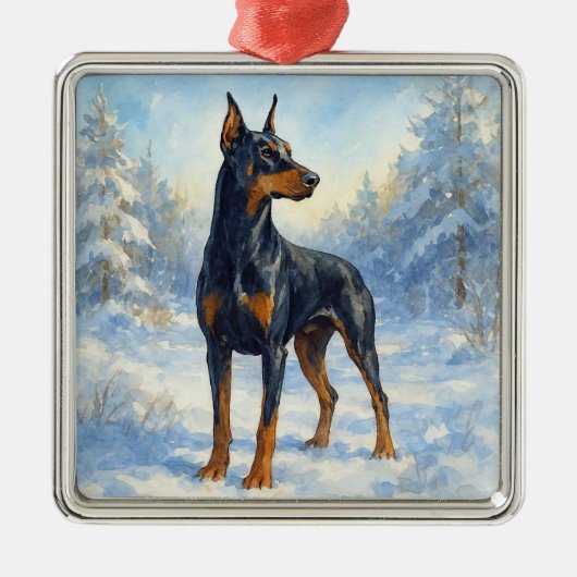 Doberman im Winterschnee Ornament Aus Metall (Vorne)