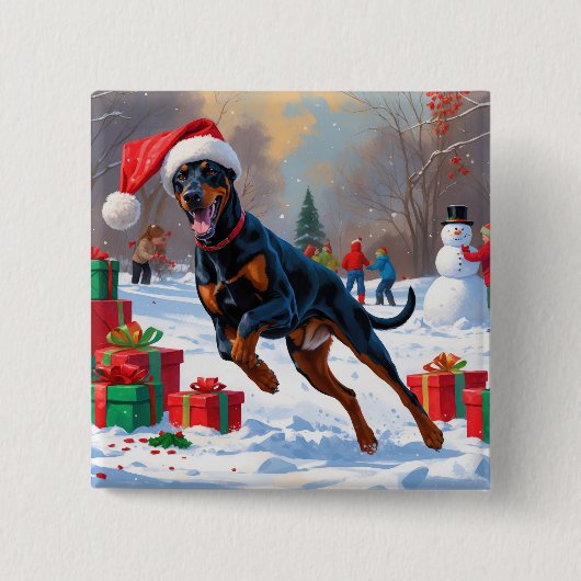 Doberman läuft im Schnee mit Weihnachtshut Button (Vorderseite)