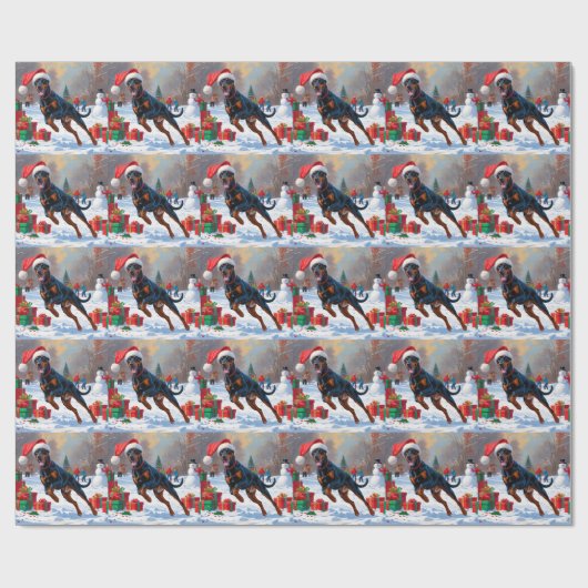 Doberman läuft im Schnee mit Weihnachtshut Geschenkpapier (Flach)