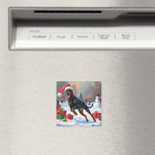 Doberman läuft im Schnee mit Weihnachtshut Magnet (In Situ (Geschirrspüler))