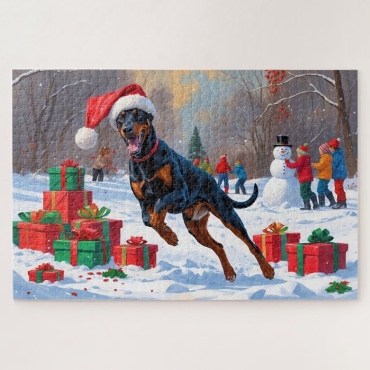 Doberman läuft im Schnee mit Weihnachtshut Puzzle (Horizontal)