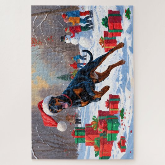 Doberman läuft im Schnee mit Weihnachtshut Puzzle (Vertikal)