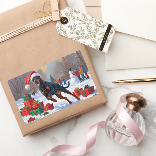 Doberman läuft im Schnee mit Weihnachtshut Rechteckiger Aufkleber (Schenken)