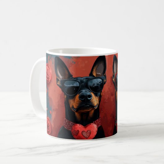 Doberman mit Herz-Rose Valentinstag Kaffeetasse (Vorderseite Links)