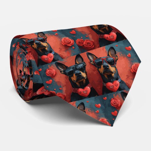 Doberman mit Herz-Rose Valentinstag Krawatte (Gerollt)