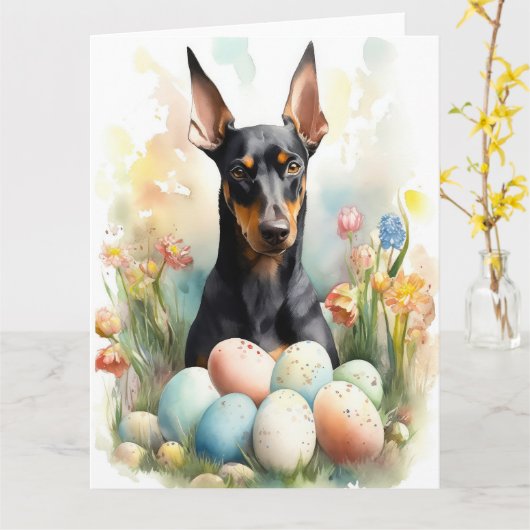 Doberman mit Ostereiern Karte (Gelbe Blume)