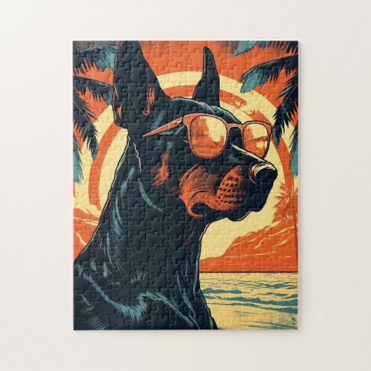 Doberman mit Sonnenbrille an einem tropischen Stra Puzzle (Vertikal)
