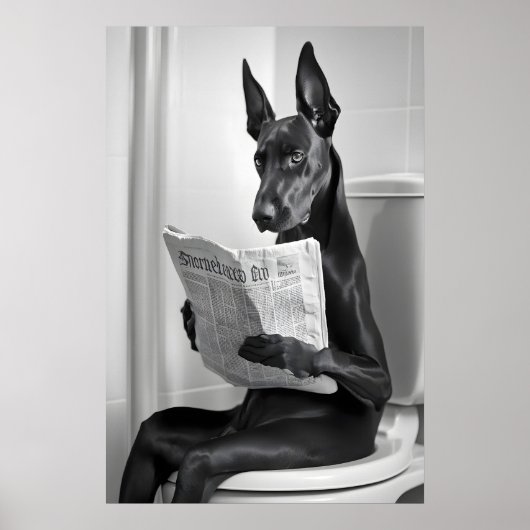 Doberman on Toilet, Newspaper, Funny Bathroom Art Poster (Vorne)