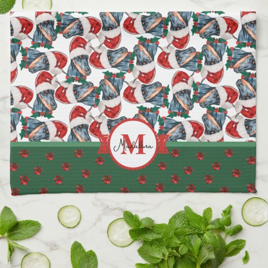 Doberman Pattern Monogram Christmas Dog Geschirrtuch (Gefaltet)