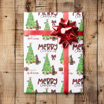 Doberman Pinscher, Bird and Christmas Tree Geschenkpapier<br><div class="desc">Das wiederholte Muster auf diesem niedlichen Weihnachtsverpackungspapier ist ein Bild eines Doberman Pinscher Hundes mit einem roten Krawatte-Schal. Der Hund sitzt neben einem geschmückten Weihnachtsbaum unter hellen Geschenkpackungen. Ein Stiervogel landet auf dem Baum dahinter. Stilisierter, roter und schwarzer Büffel karierter Text sagt MERRY CHRISTMAS", und Ihre eigene Unterschrift ist in...</div>