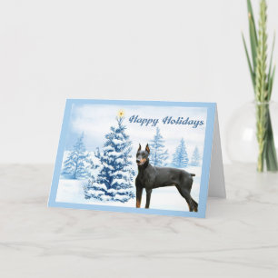 Doberman Pinscher Christmas Card Blue Tree Feiertagskarte
