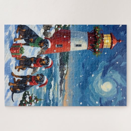 Doberman Pinscher Christmas Lighthouse Holiday Puzzle (Horizontal)