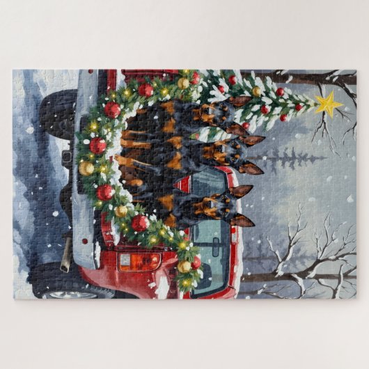 Doberman Pinscher Christmas Red Truck Holiday Puzzle (Horizontal)