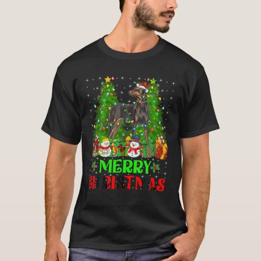 Doberman Pinscher Dog Christmas Tree Lights Holida T-Shirt (Vorderseite)