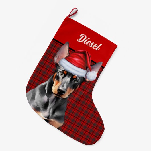 Doberman Pinscher Dog Holiday Plaid Personalized Großer Weihnachtsstrumpf (Vorderansicht (hängend))