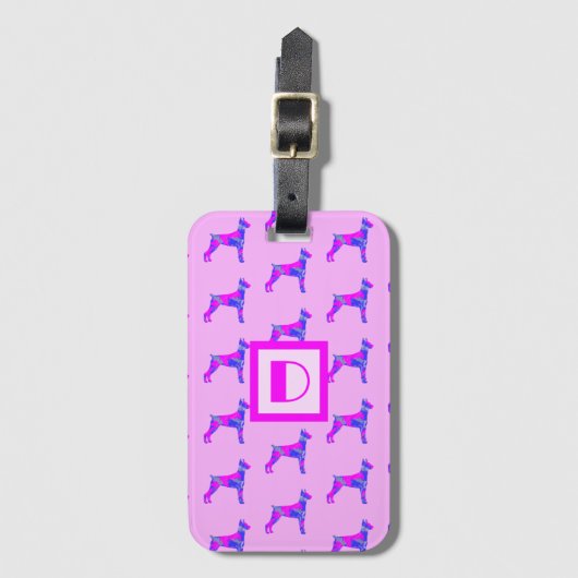 Doberman Pinscher Dog Lover Pink & Blue Monogram Gepäckanhänger (Vorderseite Vertikal)
