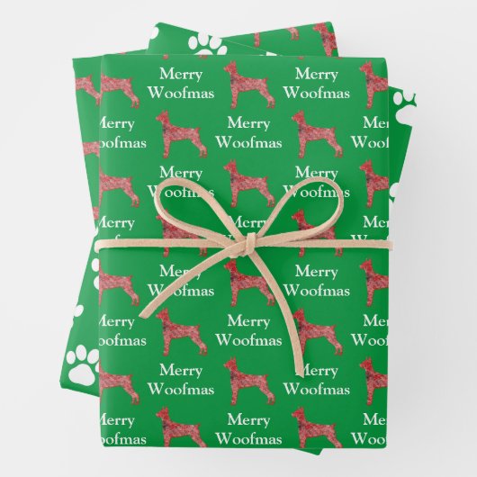 Doberman Pinscher Dog Silhouette Grn Merry Woofmas Geschenkpapier Set (Beispiel)