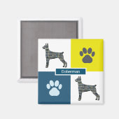 Doberman Pinscher Dog Silhouette & Paw Y&B Grid Magnet (Vorderseite/Rückseite)