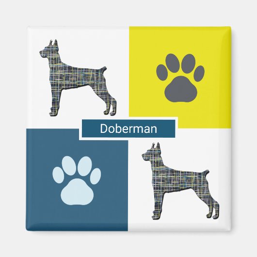 Doberman Pinscher Dog Silhouette & Paw Y&B Grid Magnet (Vorne)