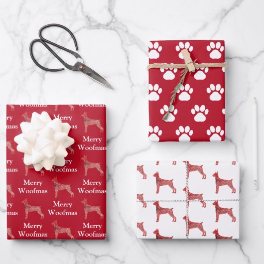Doberman Pinscher Dog Silhouette Red Merry Woofmas Geschenkpapier Set (Vorderseite)