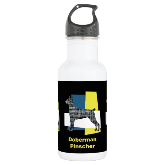 Doberman Pinscher Dog Yellow & Blue Grid Edelstahlflasche (Vorderseite)