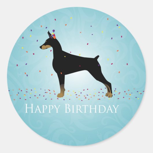 Doberman Pinscher Happy Birthday Design Runder Aufkleber (Vorderseite)