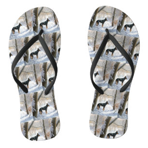 Doberman Pinscher lässt es Weihnachten Badesandalen