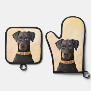 Doberman Pinscher Painting Dobermann Unzugeschnitt Ofenhandschuh & Topflappen-Set