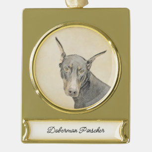 Doberman Pinscher Painting - Original Dog Art Banner-Ornament Gold