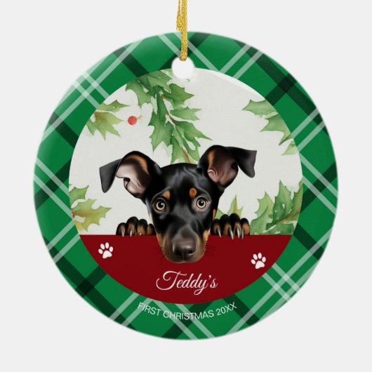 Doberman Pinscher Personalisiert First Christmas Keramik Ornament (Hinten)