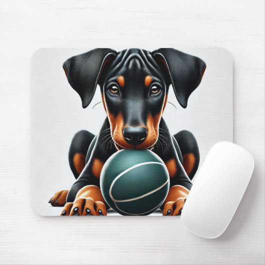 Doberman Pinscher Puppy hält einen Ball Mousepad (Mit Mouse)