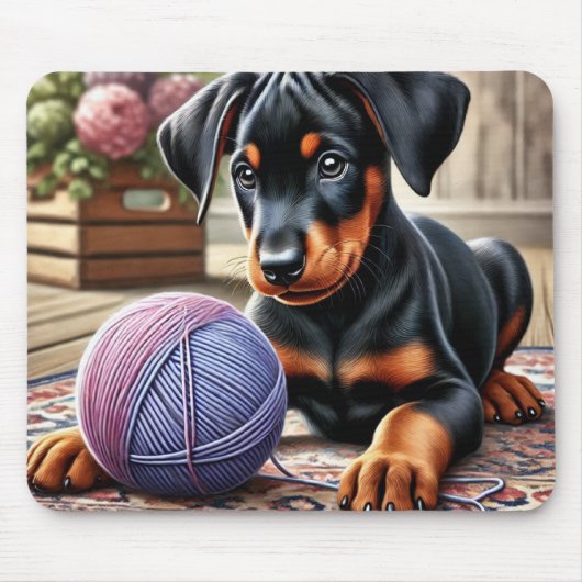 Doberman Pinscher Puppy mit Garnball auf Rua Mousepad (Vorne)