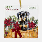 Doberman Pinscher Puppy Poinsettia Holiday Basket Keramikornament (Vorderseite)