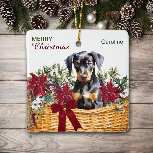 Doberman Pinscher Puppy Poinsettia Holiday Basket Keramikornament
