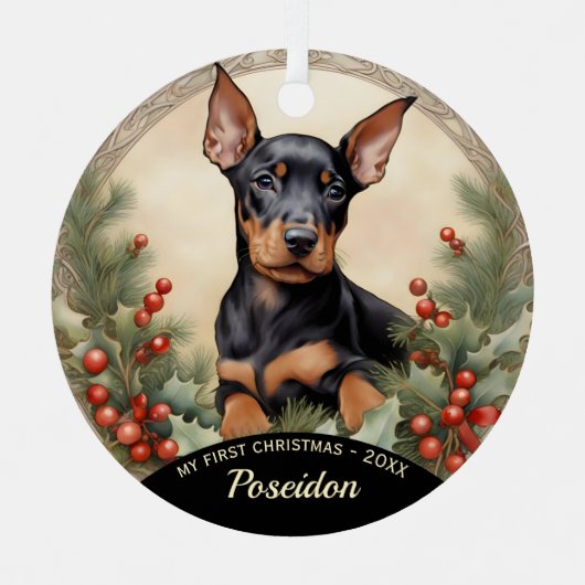 Doberman Pinscher Puppy's First Christmas Ornament Aus Metall (Vorderseite)