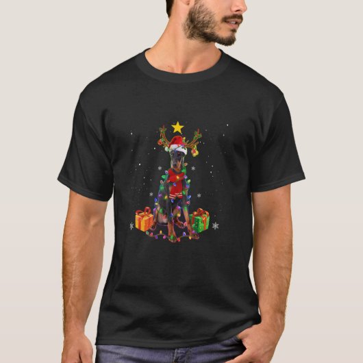 Doberman Pinscher Reindeer Christmas Tree Lights X T-Shirt (Vorderseite)