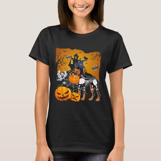 Doberman Pinscher Skeleton Halloween Happy Pumpkin T-Shirt (Vorderseite)